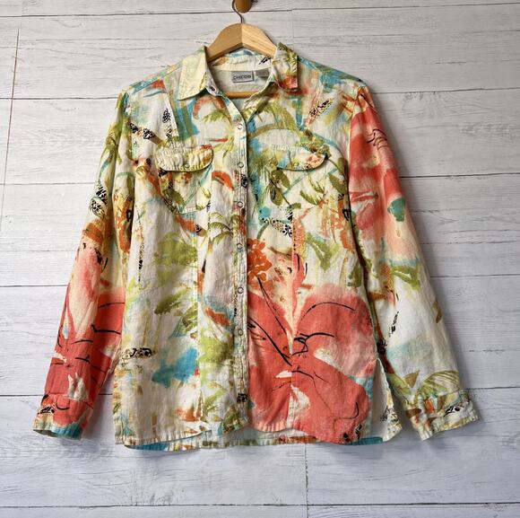 Chico's Tops - Chicos Shirt Size 1/M Tropical Paradise Print 100% Linen Snap Down Long Sleeve